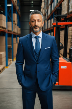 Men in suits standing in the warehouseの素材