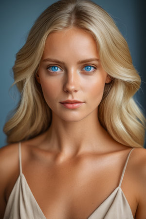 Close up of blonde woman's faceの素材