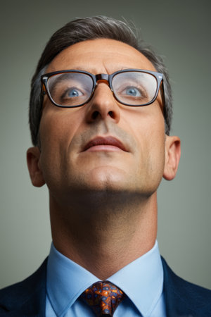 Close up of a business man wearing glasses and looking up at his headの素材