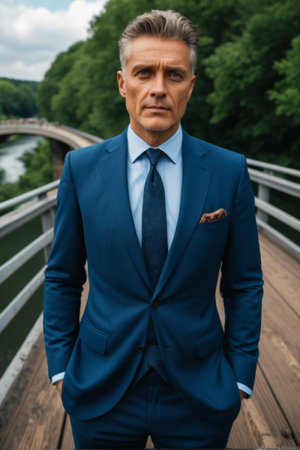 Business men in blue suits take photos on the bridgeの素材