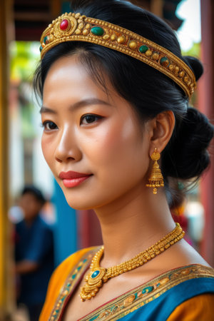 Portrait of Asian woman wearing traditional gold jewelryの素材