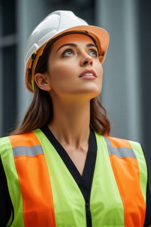 Women wearing hard hats and reflective vestsの素材