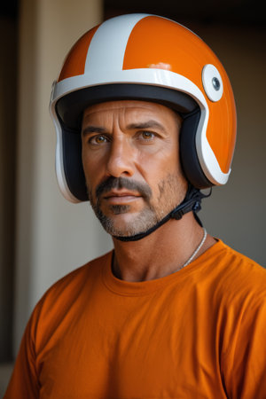 Portrait of a middle aged man wearing a helmetの素材