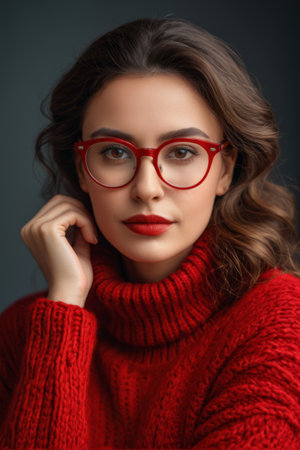Portrait of a woman in red wearing red rimmed glassesの素材
