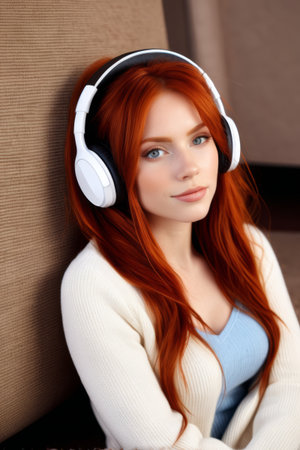Red haired woman wearing headphones for leisureの素材