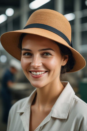 Close up of young woman smiling in hatの素材