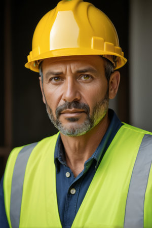 Workers wearing hard hats and reflective vestsの素材