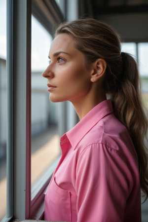 Window profile of a woman in a pink shirtの素材