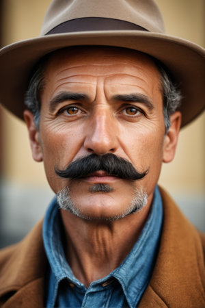 Close up of a middle aged man wearing a hat and beardの素材