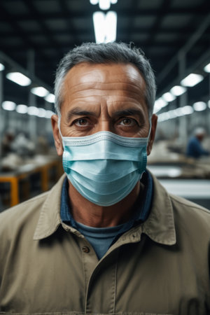 Portrait of a male worker wearing a mask in a factoryの素材