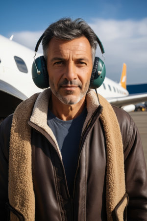 Airport man wearing headphones stands in front of planeの素材