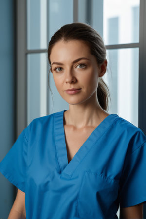 Frontal portrait of a woman in medical uniformの素材