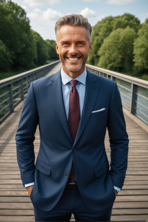 A man in a suit smiles and takes photos on the bridgeの素材