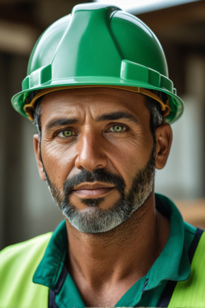 Close up of male worker wearing hard hatの素材
