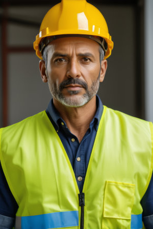 Workers wearing hard hats and reflective vestsの素材