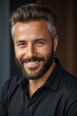 Portrait of handsome mature man with beard looking at camera and smilingの素材