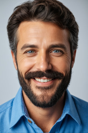 Close up portrait of a smiling man with beard and mustache isolated on a gray backgroundの素材