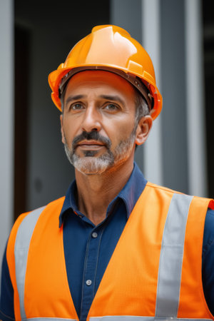Workers wearing hard hats and reflective vestsの素材