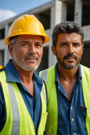 Workers and engineers at the construction site take photosの素材