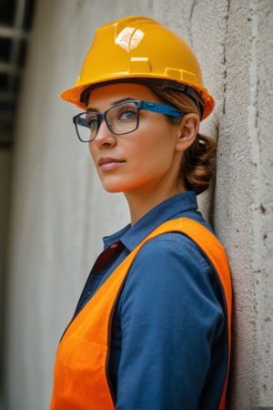 Women wearing hard hats and work clothesの素材