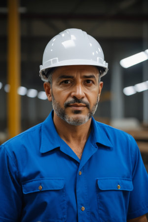 Close up of factory workers in uniform and hard hatsの素材