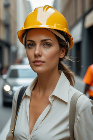 Street image of a woman wearing a hard hatの素材