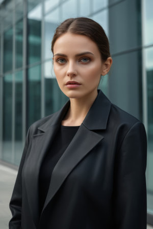 Outdoor portrait of young woman in suitの素材