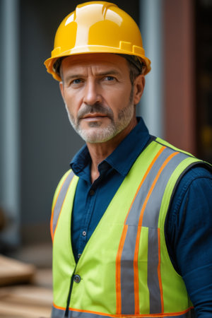 Workers wearing hard hats and reflective vestsの素材