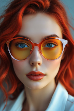 Close up of red haired woman wearing orange framed glassesの素材