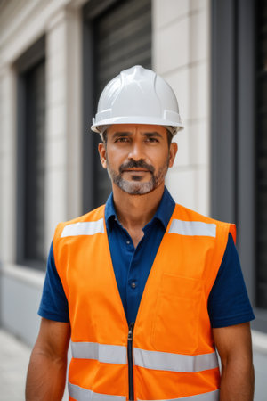 Construction workers in safety vestsの素材