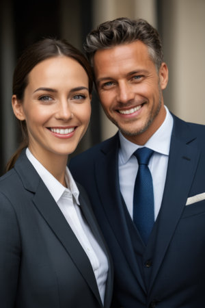 Business men and women smiling for a photoの素材