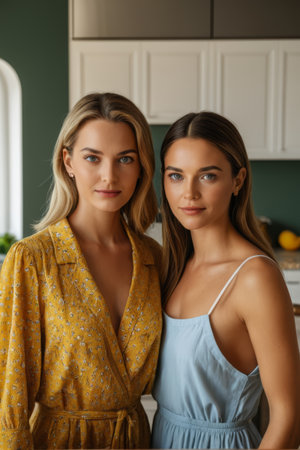 Two young women pose for a photo indoorsの素材