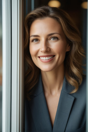 Portrait of a smiling working woman by the windowの素材