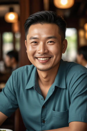 Busted portrait of smiling man in restaurantの素材