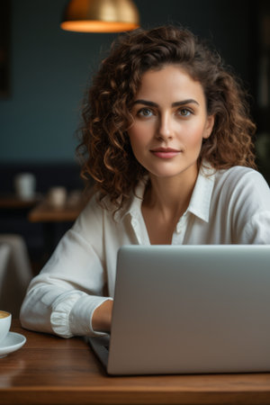 Woman using laptop in cafeの素材