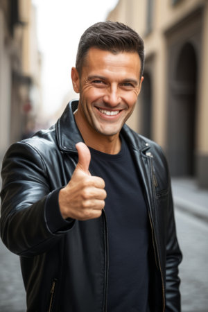Street man gives thumbs up and smilesの素材