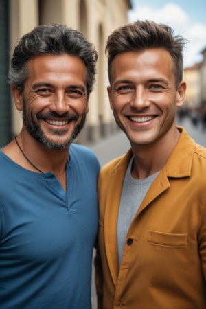 Two men smiling outdoorsの素材