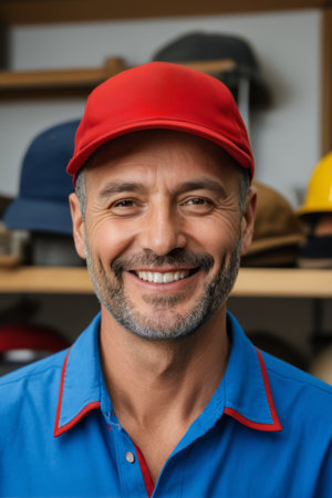 Close up of a man wearing a red hat and a blue uniform smilingの素材