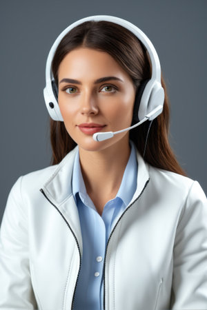 Portrait of a female customer service representative wearing headphonesの素材