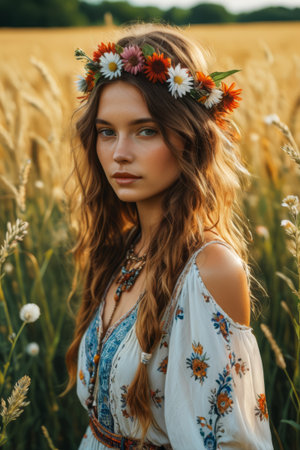 Portrait of a girl in a field wearing a wreathの素材