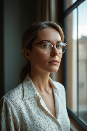 Young woman wearing glasses by the windowの素材