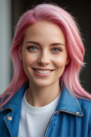 Close up of a pink haired woman smilingの素材