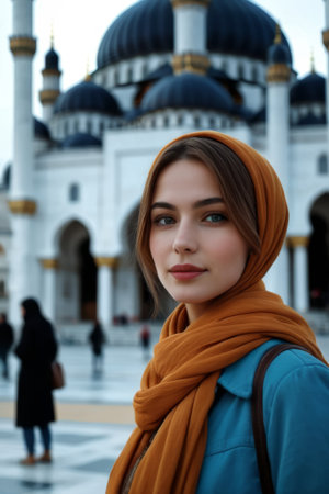 Woman wearing headscarf takes photo in front of mosqueの素材