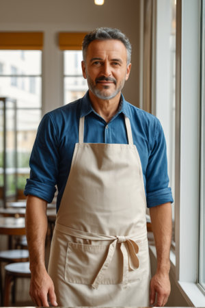 Interior frontal portrait of a man in an apronの素材