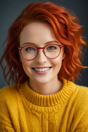 Close up of red haired woman wearing glasses and smilingの素材