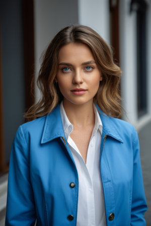 Portrait of a woman in a blue coatの素材