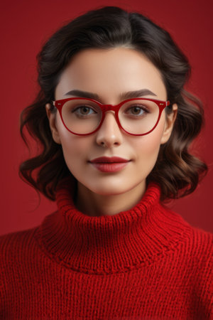 Portrait of a woman in red wearing red rimmed glassesの素材