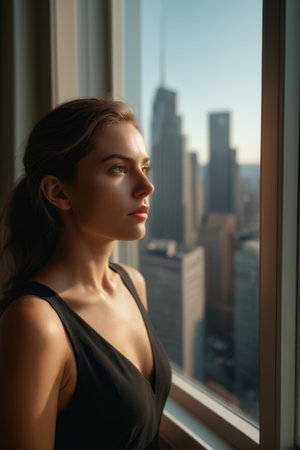 Young woman looking out the window at the cityの素材