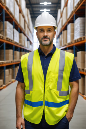 Warehouse workers wear reflective vests and hard hatsの素材