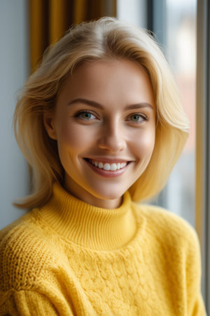 Smiling blonde woman in yellow sweaterの素材